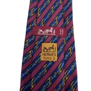 Hermes Men's Tie Equestrian Belts Burgundy/Navy Silk 950 IA 3.5" (W) 55" (L) euc